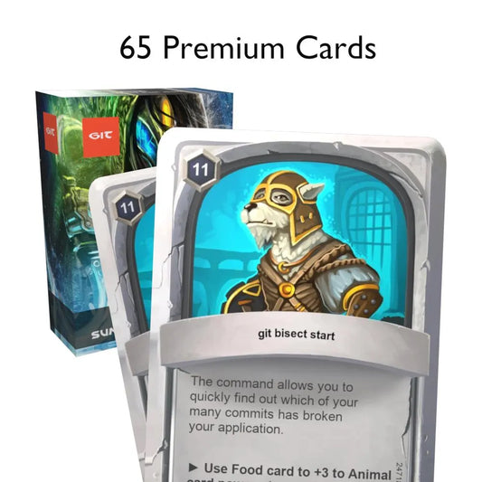 Git Flashcards box with two cards in front displaying "65 premium cards"