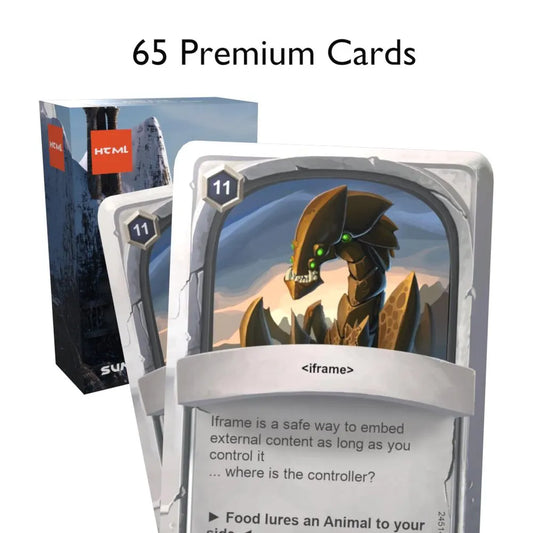 HTML flashcards box with two cards in front showing "65 premium cards"