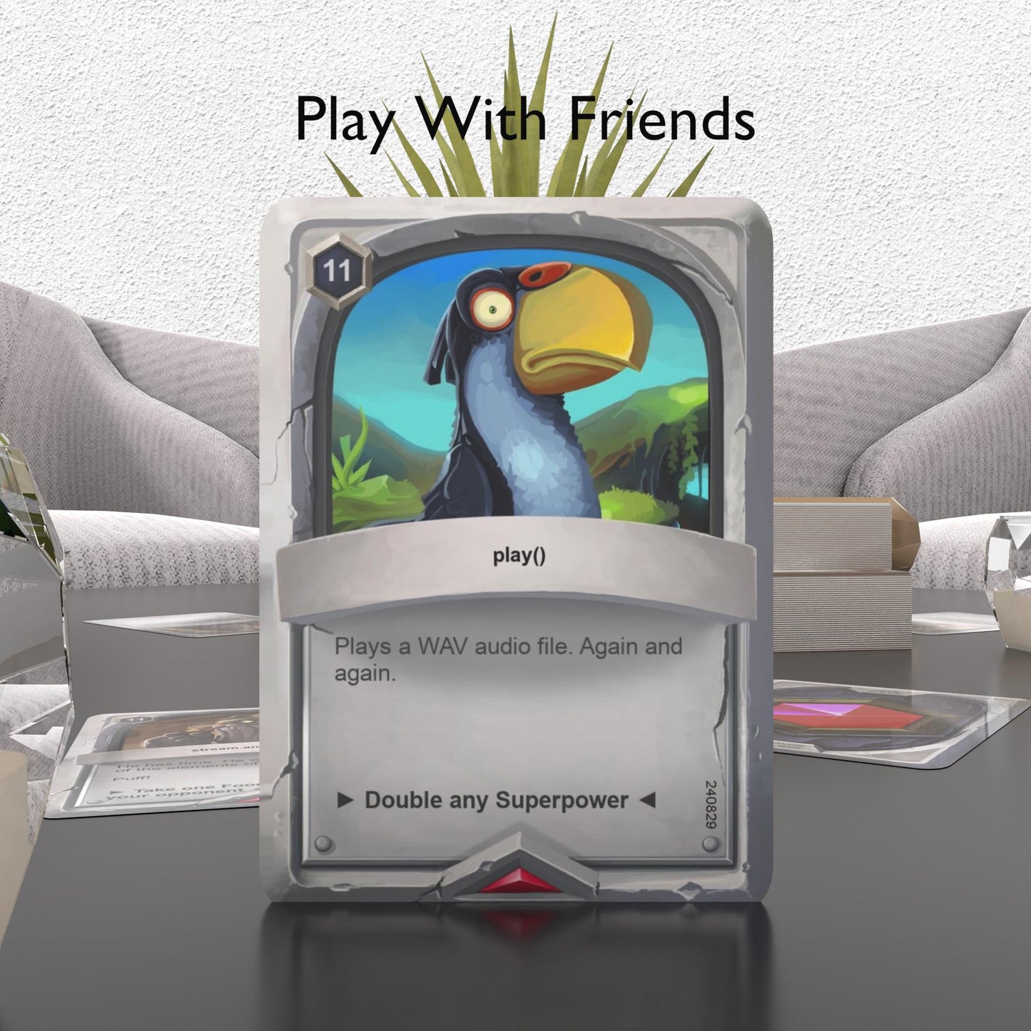 Java flashcard on a table with "play with friends" text