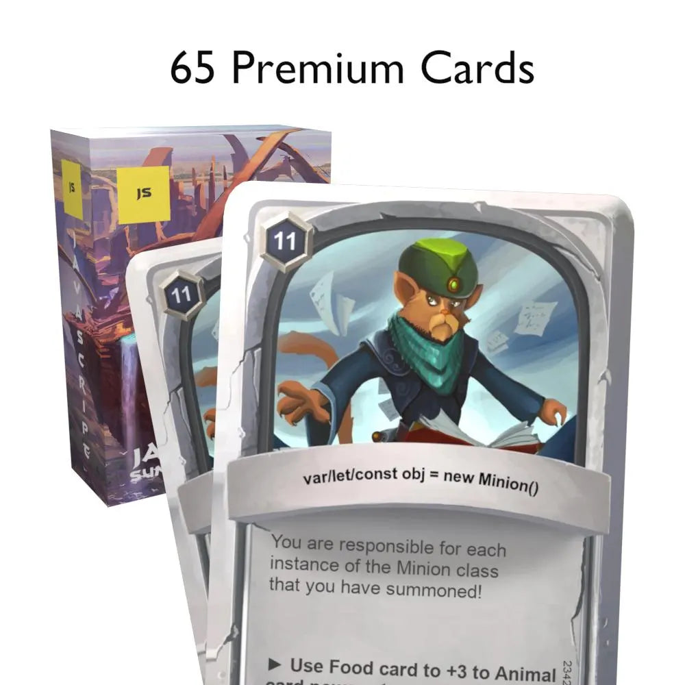 JavaScript flashcard box with two flashcards displaying '65 Premium Cards' – Learn JavaScript functions with an educational card game.