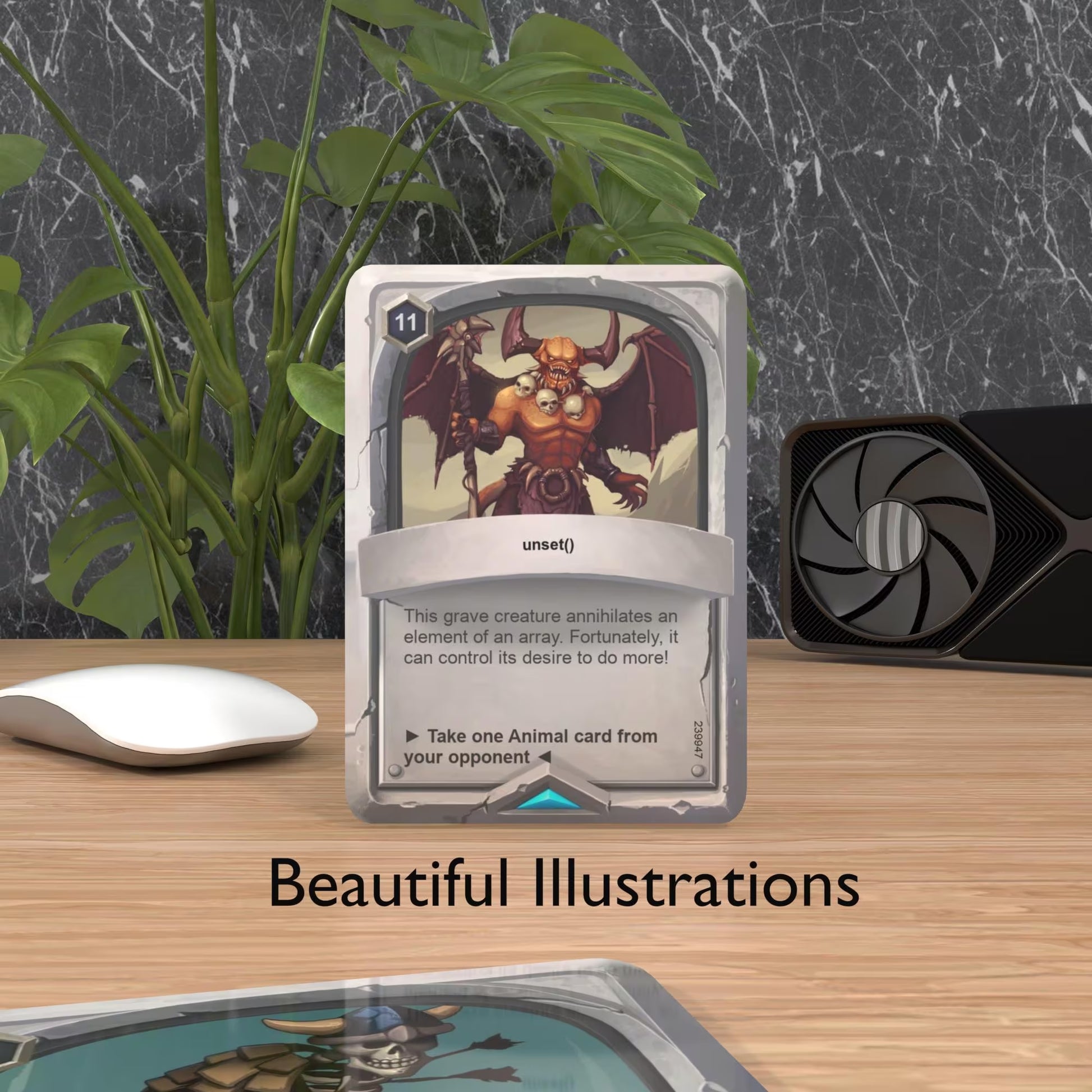 a PHP flashcard on a desk with "beautiful cards" text