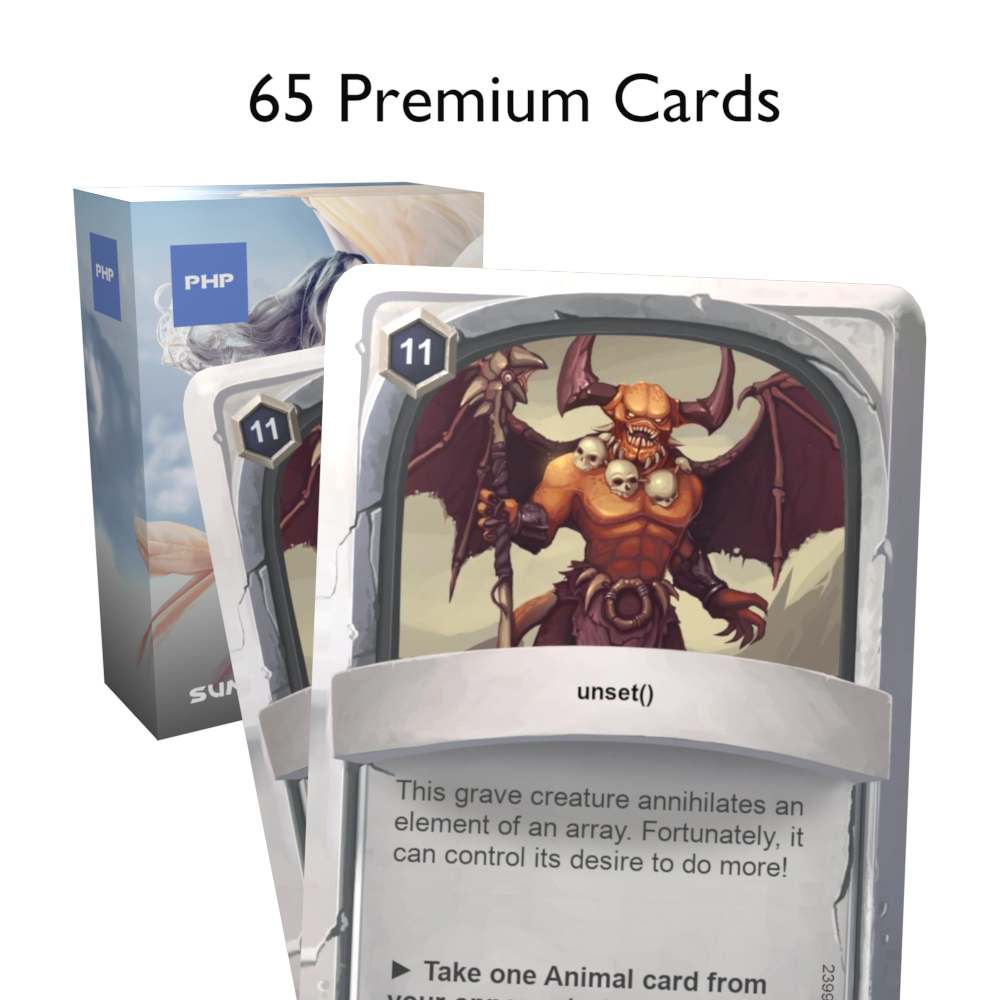 PHP flashcards box and two cards labeled "65 premium cards