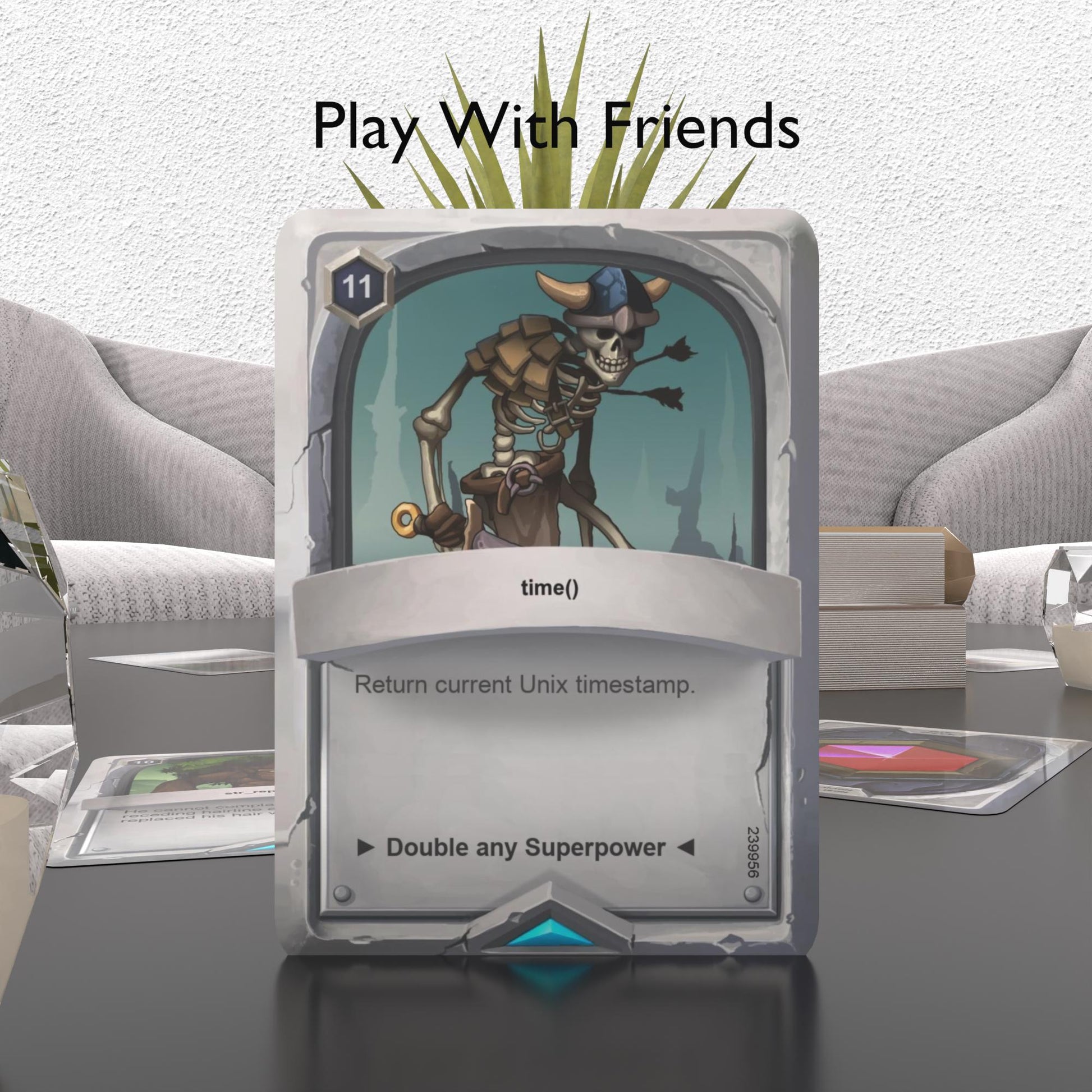 a PHP flashcard on a table with "play with friends" text