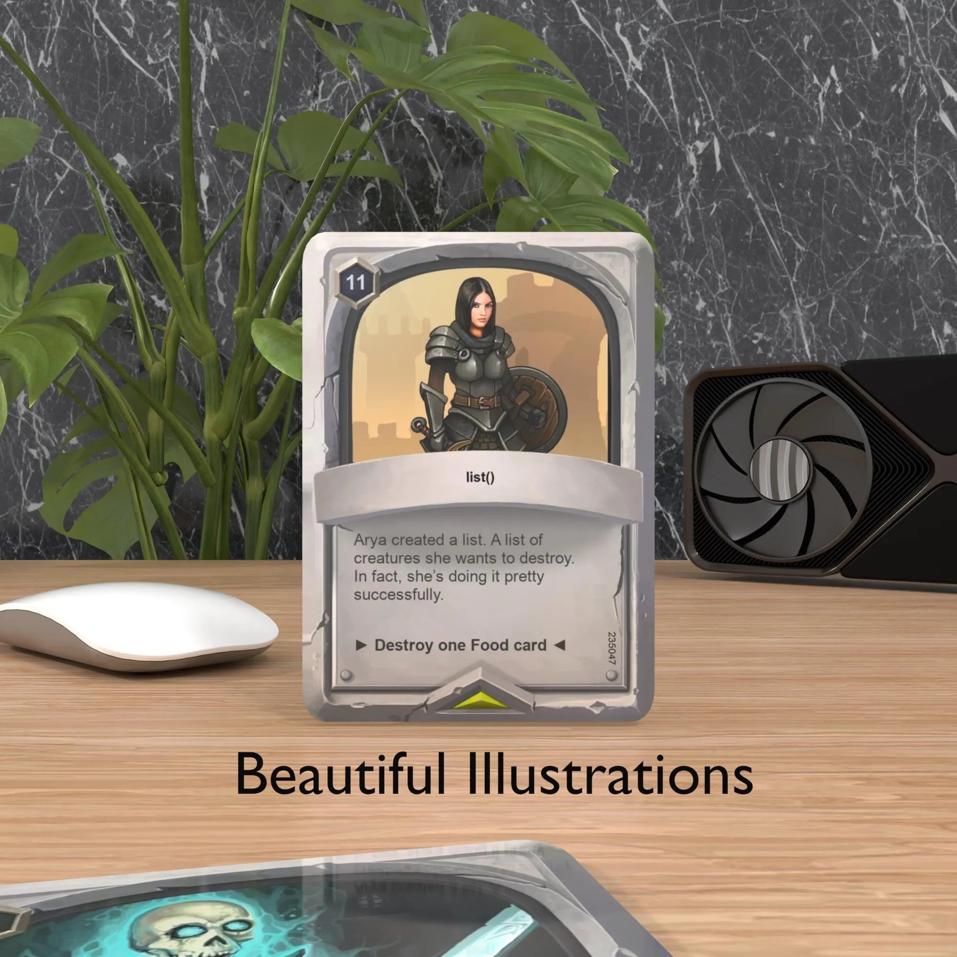 A fantasy-style Python flashcard on a desk with the text "Beautiful cards"