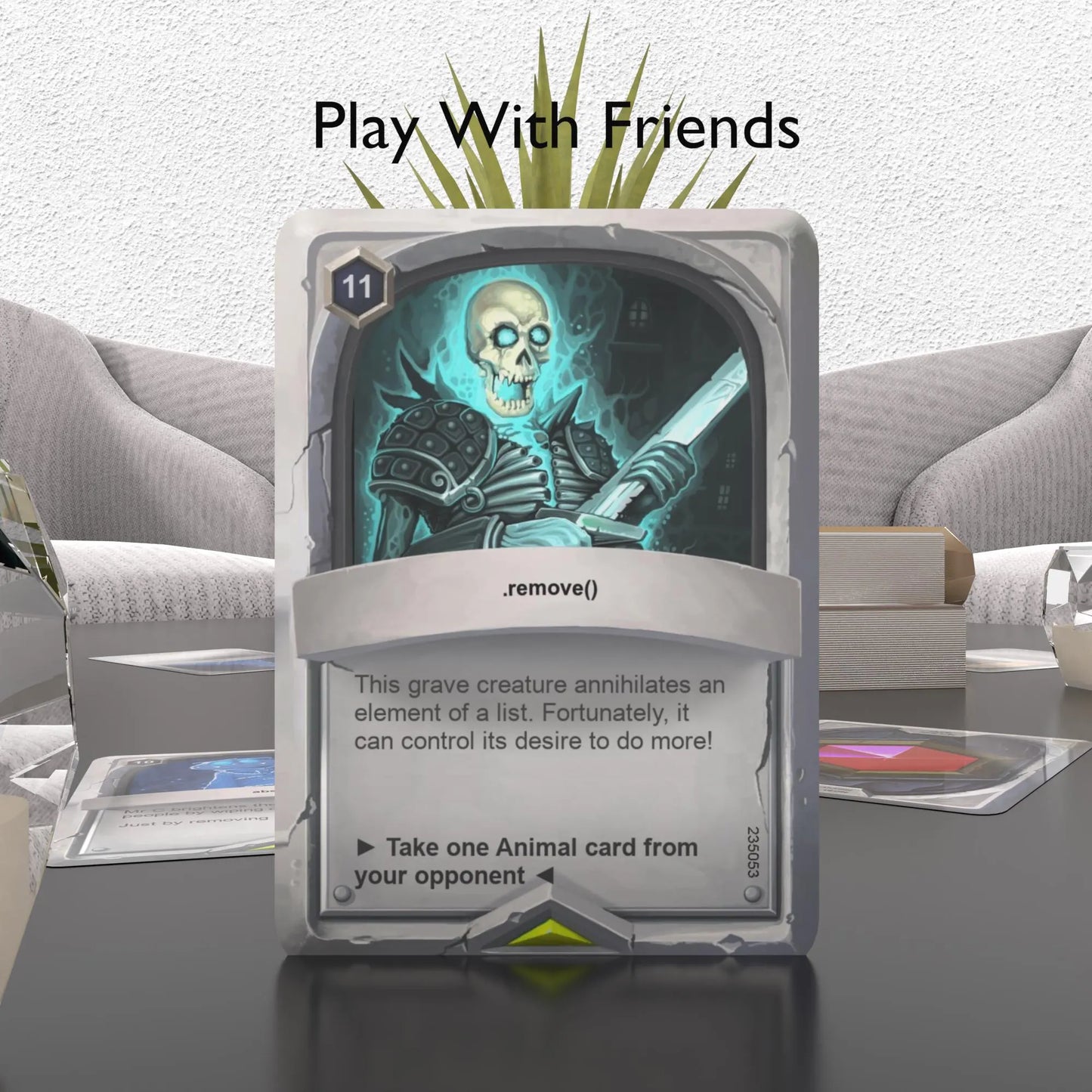 A fantasy-themed Python flashcard on a table with the text "Play with friends"