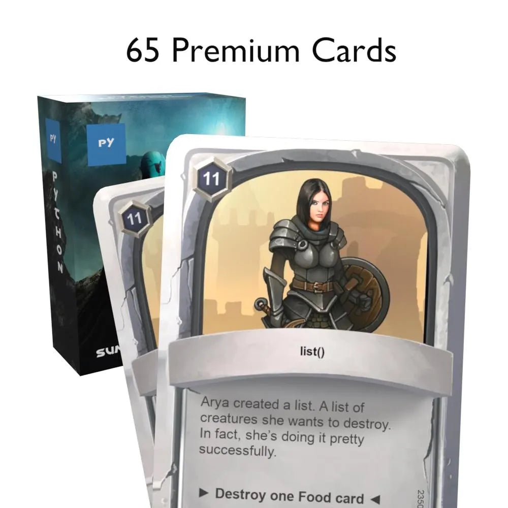 Fantasy-themed Python flashcards box with two cards in front displaying "65 premium cards"