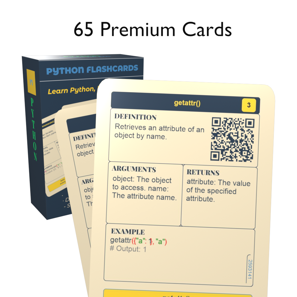 Neutral-themed Python flashcards box with two cards in front displaying "65 premium cards"