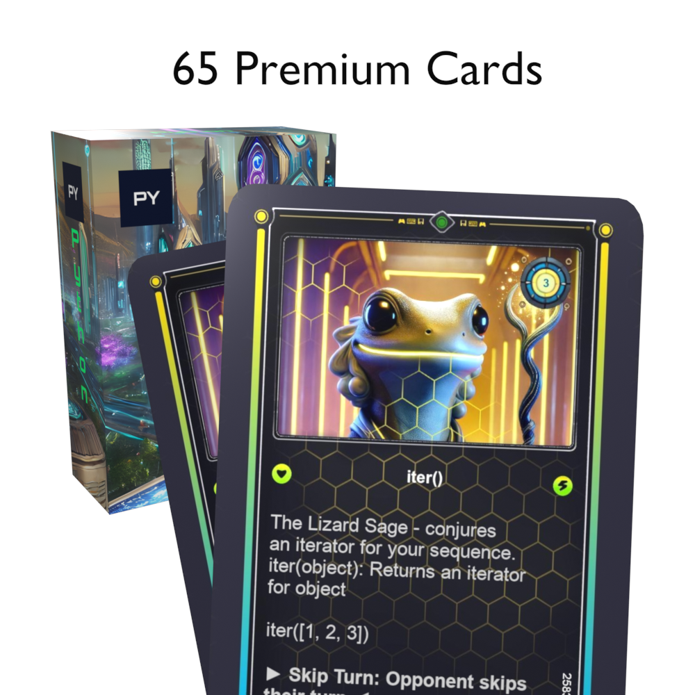 Sci-fi-themed Python flashcards box with two cards in front displaying "65 premium cards"