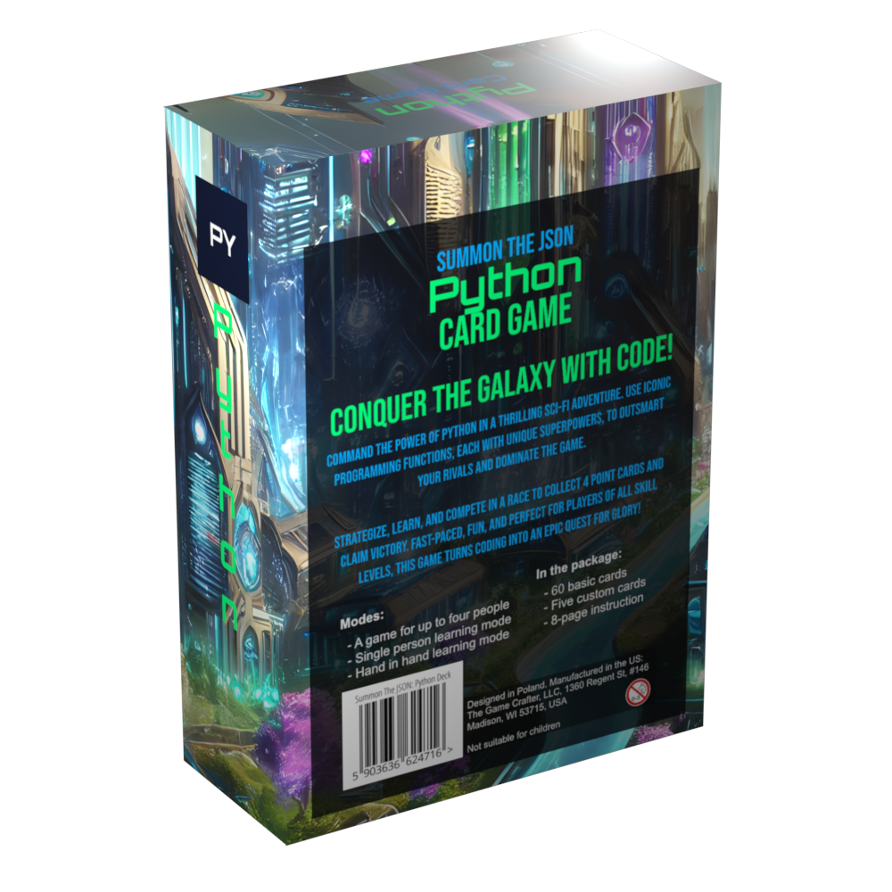 Back view of the sci-fi-themed Python flashcards box