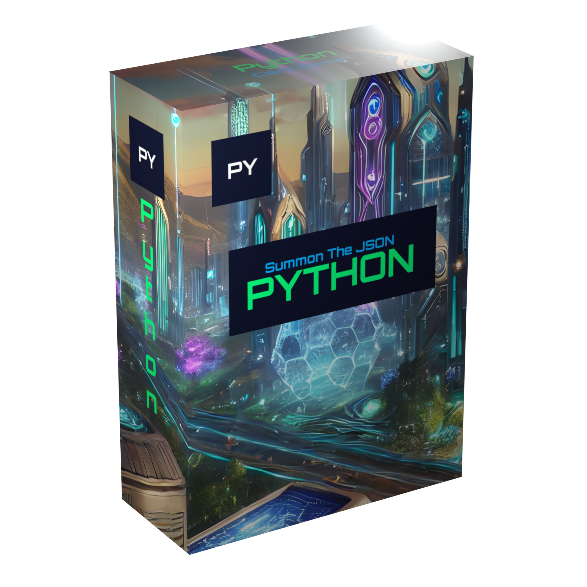 Front view of the sci-fi-themed Python flashcards box