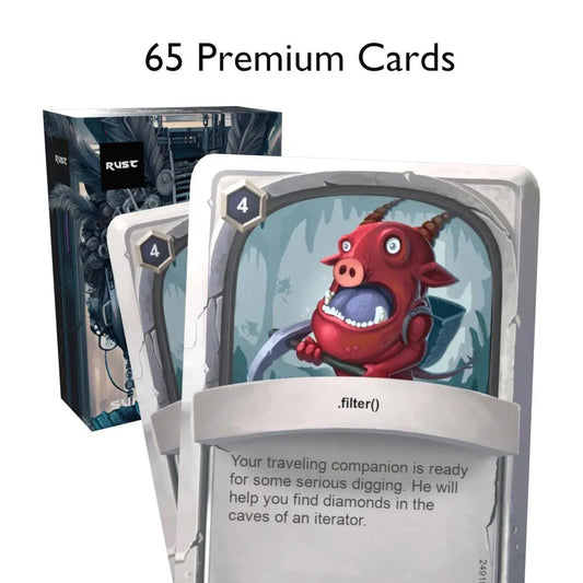 Rust flashcards box with two cards in front highlighting "65 premium cards"